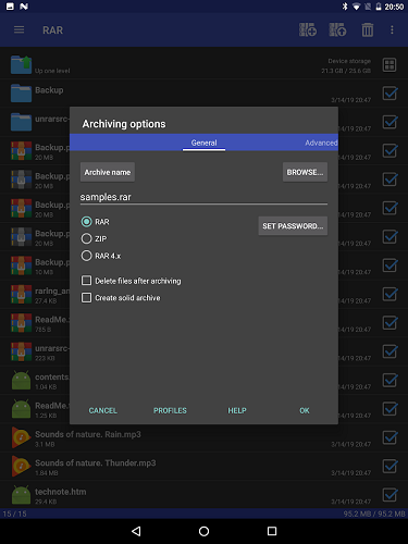 RAR on Tablet - Archiving options - General