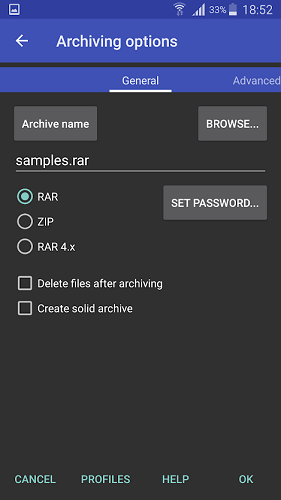 RAR - Archiving options - General