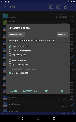 RAR on Tablet - Extraction options