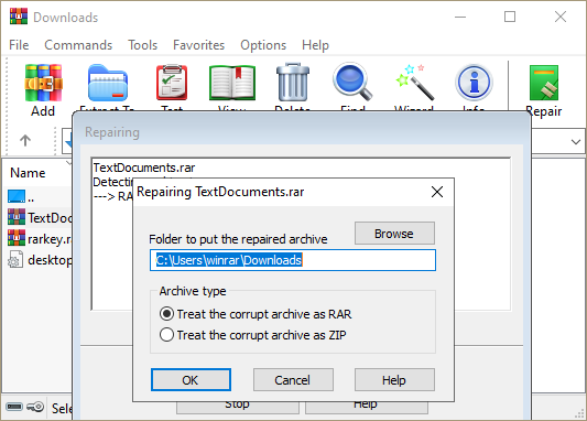 WinRAR Archive Repair option