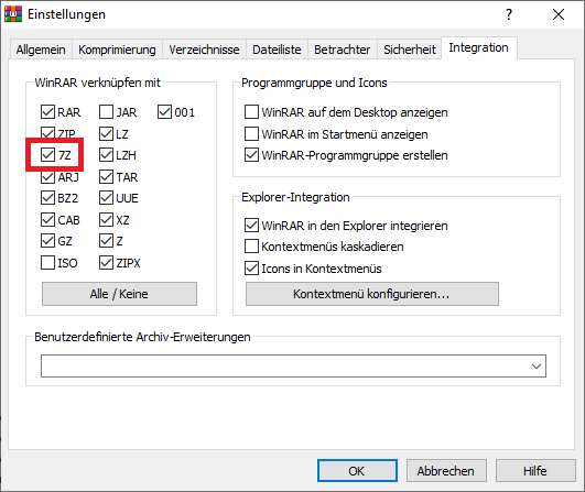 WinRAR kann standardmäßig die Erweiterung 7Z (7-Zip) öffnen