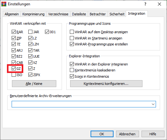 WinRAR kann standardmäßig die Erweiterung GZ öffnen
