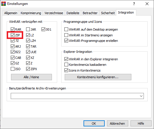 WinRAR kann standardmäßig die Erweiterung ZIP öffnen